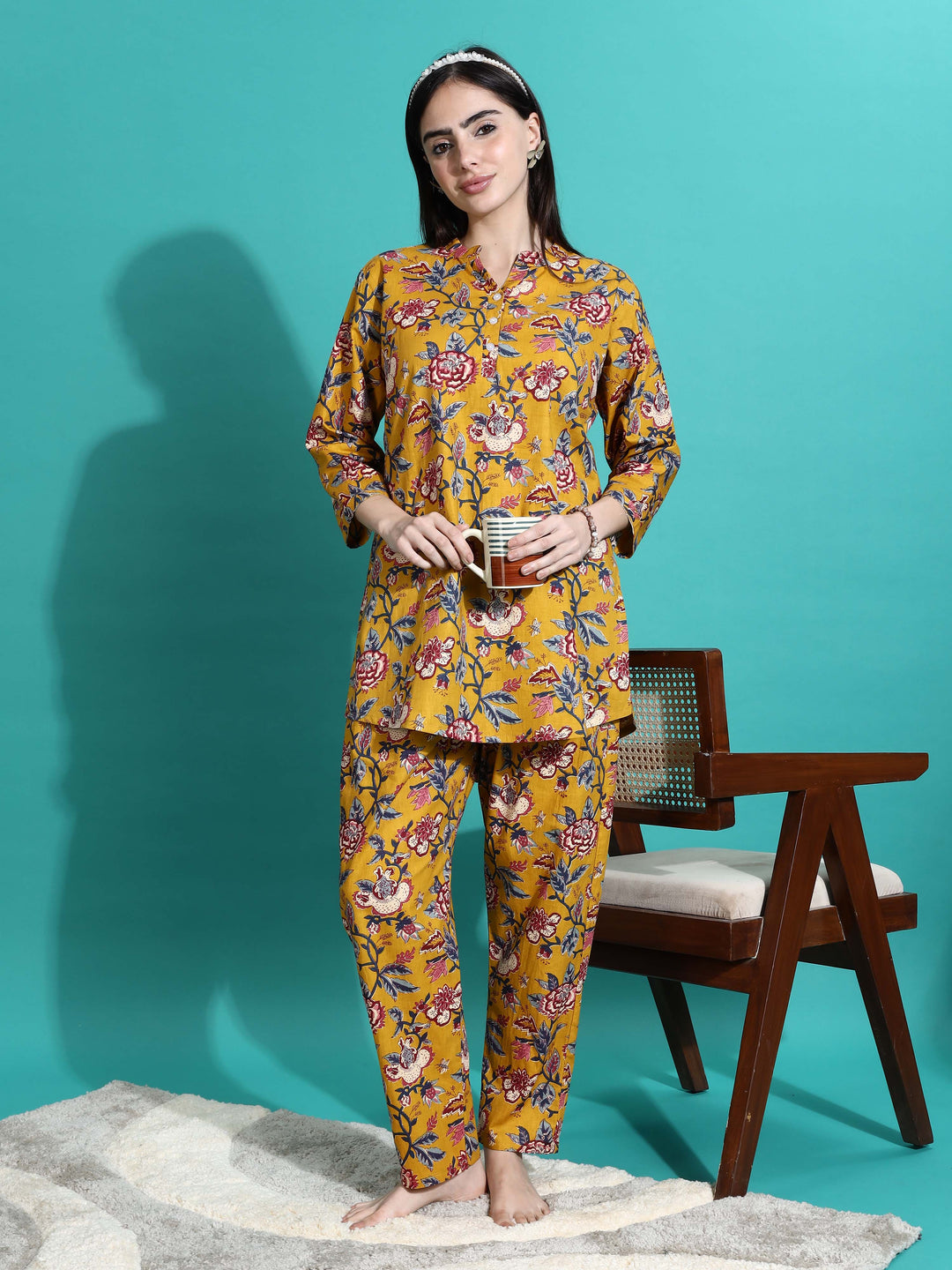 Cozy Mustard Yellow Floral Cotton Pyjama Set for Women 