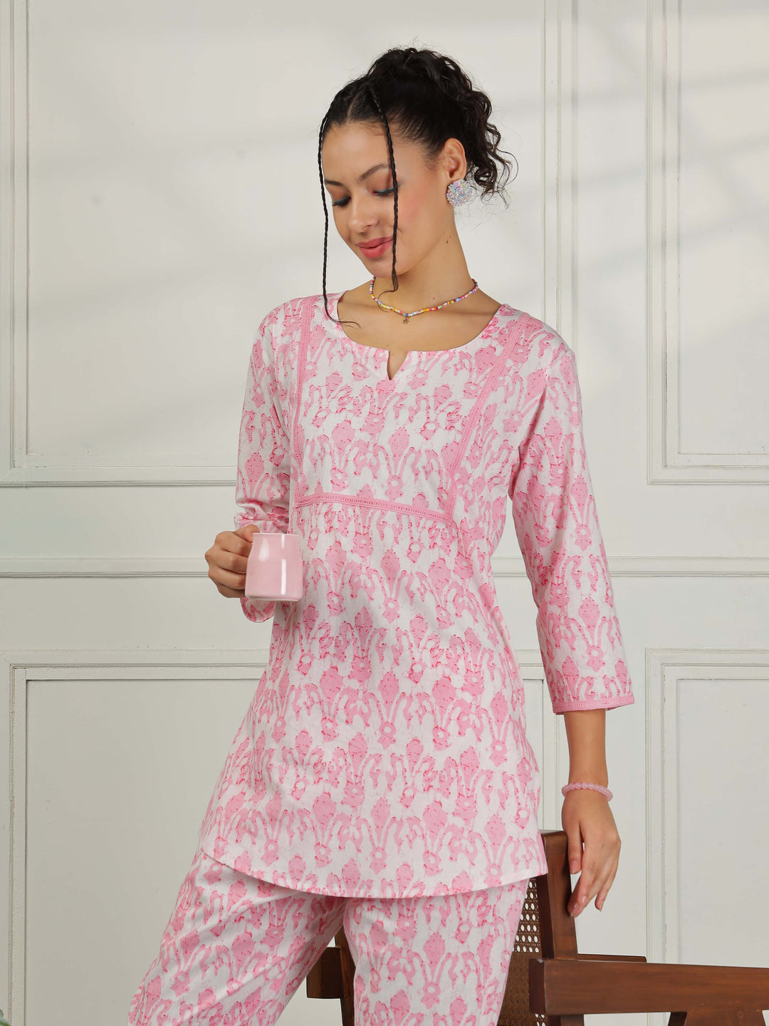 Blush Pink Cotton Pajama Set for Women Elegant Floral Sleepwear