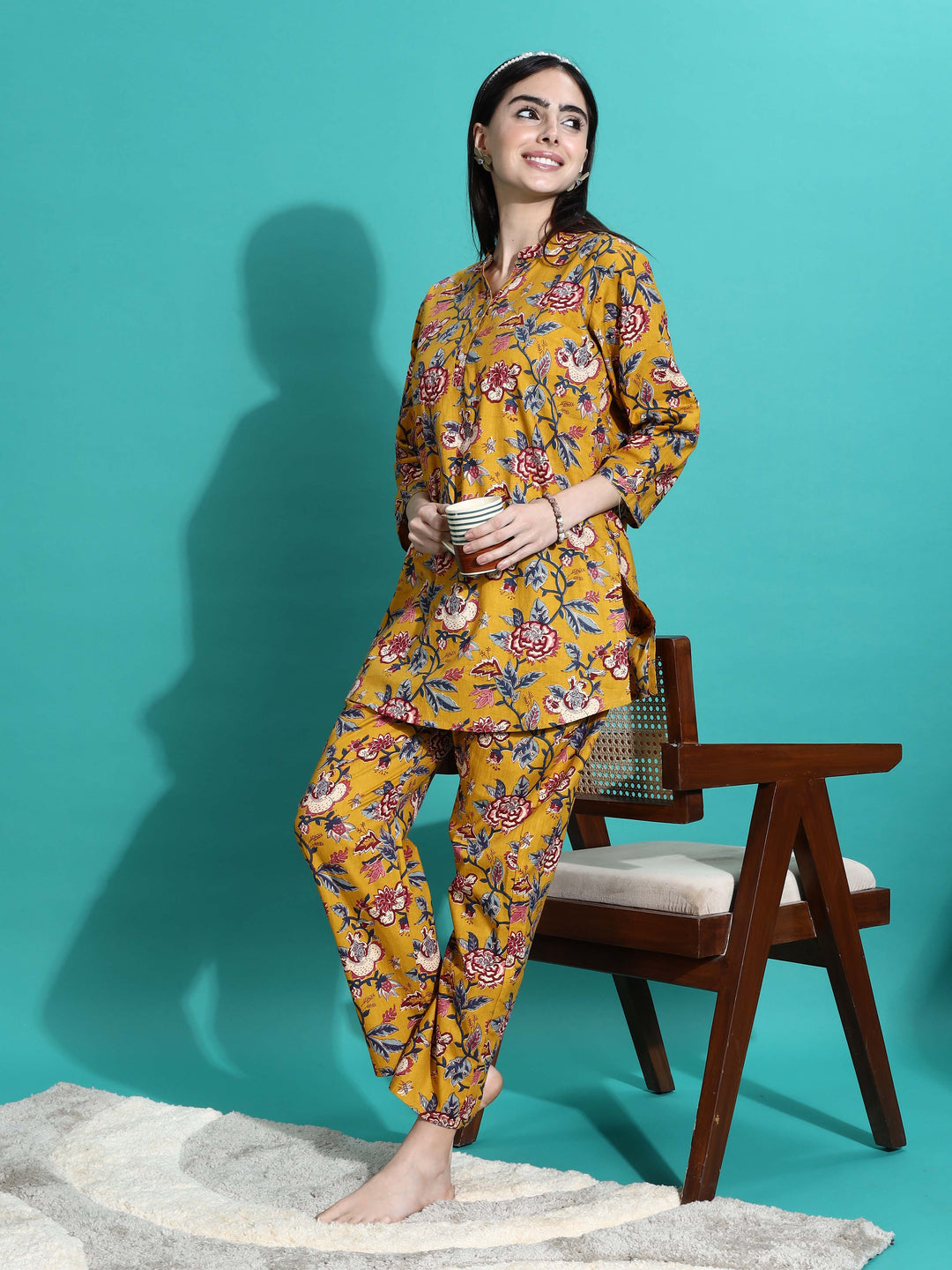 Cozy Mustard Yellow Floral Cotton Pyjama Set for Women 