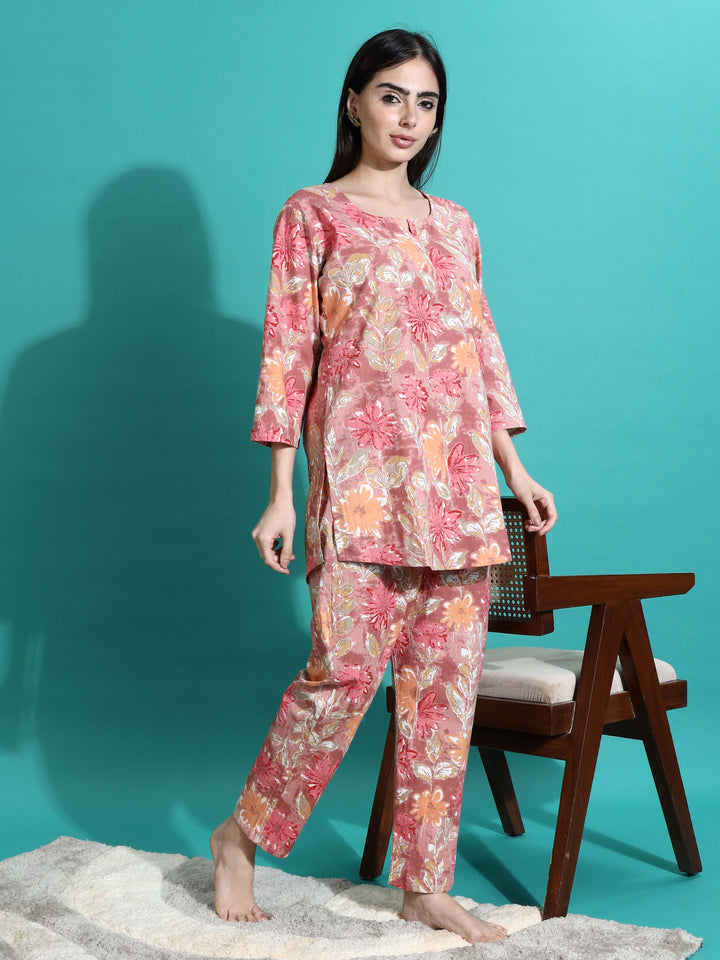 Chic Pink Orange Floral Cotton Women's Pajama Set