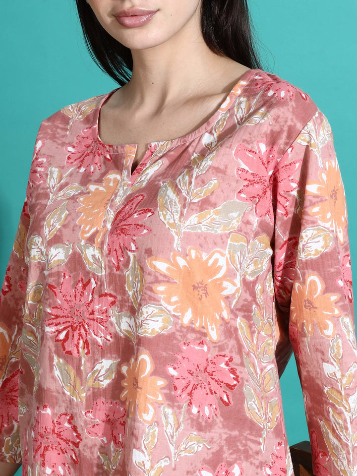 Chic Pink Orange Floral Cotton Women's Pajama Set