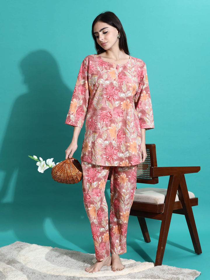 Chic Pink Orange Floral Cotton Women's Pajama Set