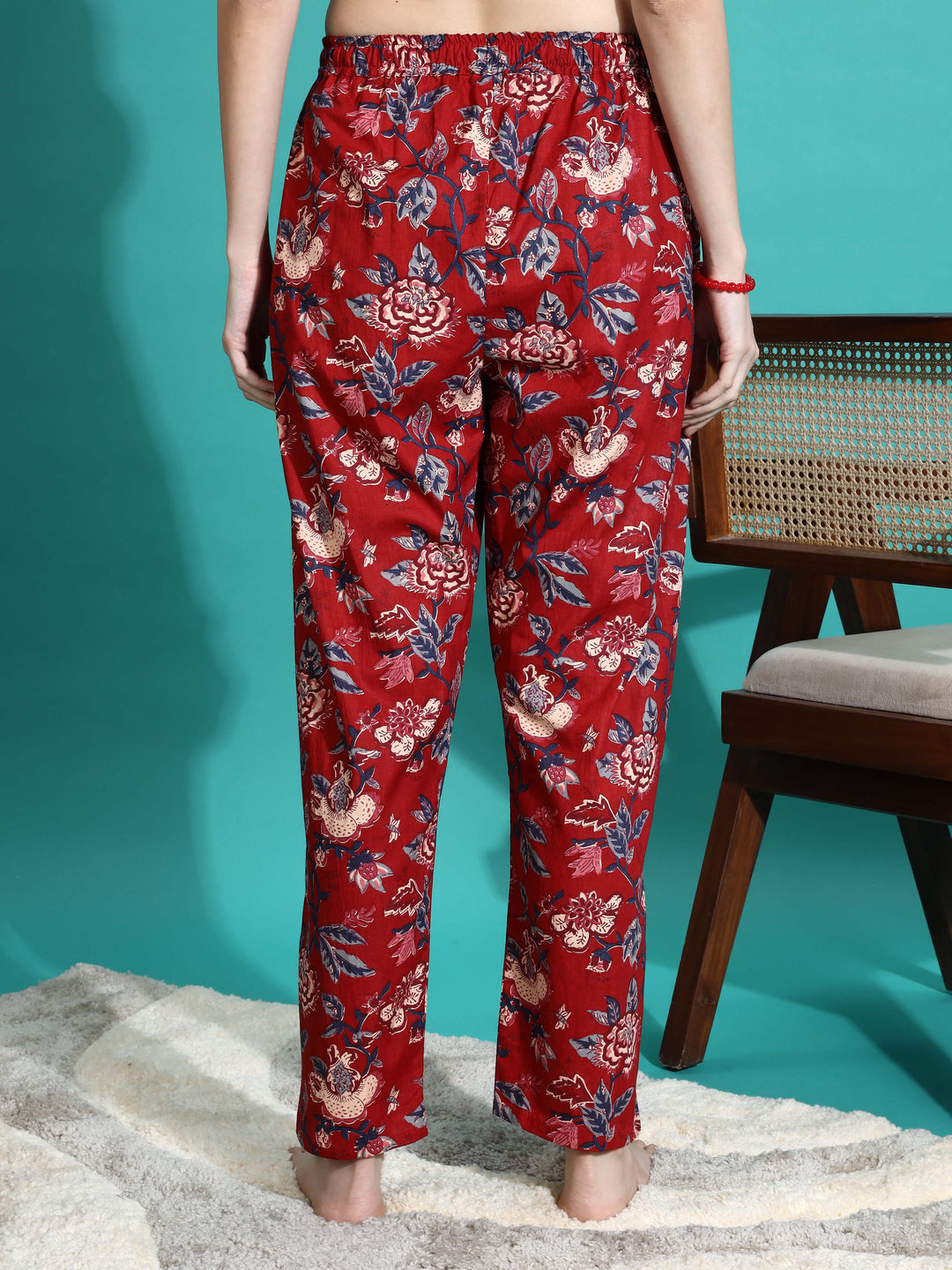 Ruby Red Printed Cotton Pyjama Set for Women