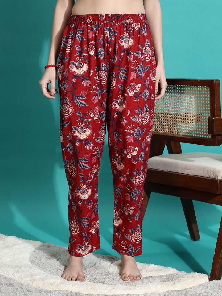 Ruby Red Printed Cotton Pyjama Set for Women