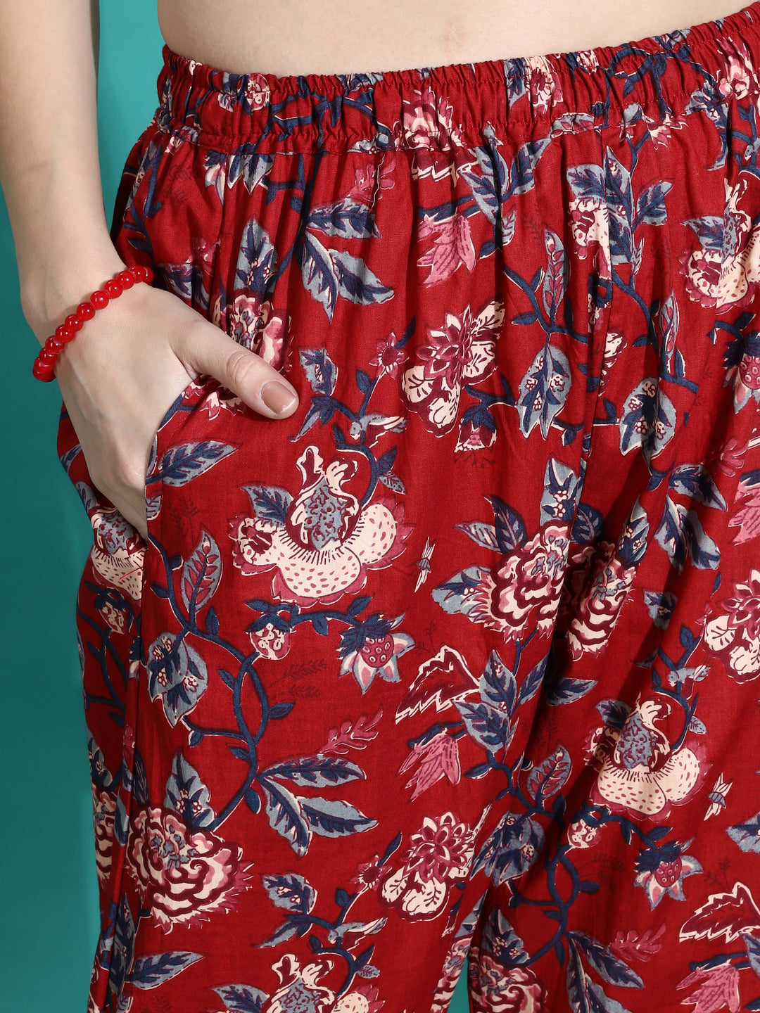 Ruby Red Printed Cotton Pyjama Set for Women