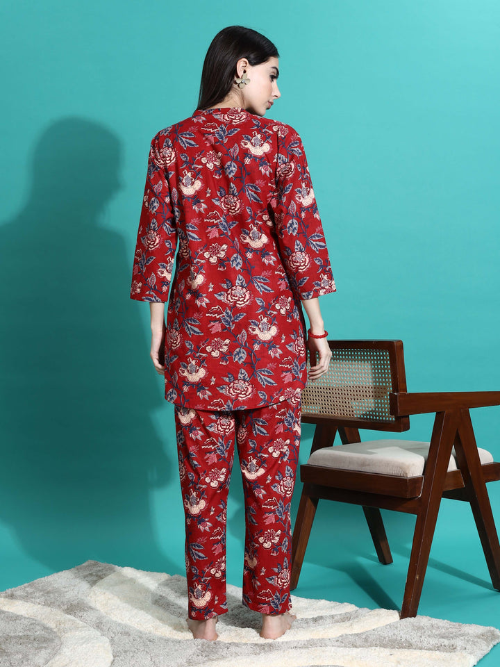 Ruby Red Printed Cotton Pyjama Set for Women