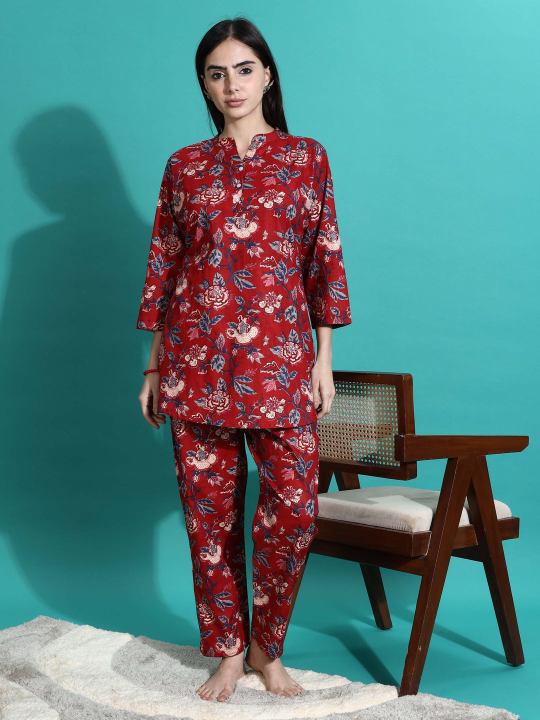 Ruby Red Printed Cotton Pyjama Set for Women