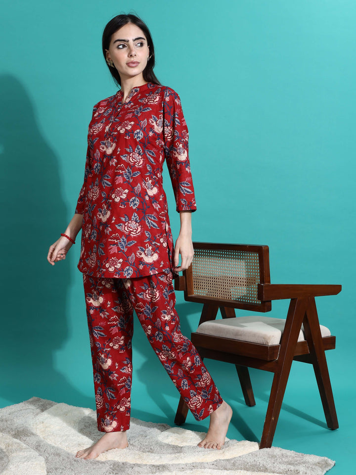 Ruby Red Printed Cotton Pyjama Set for Women