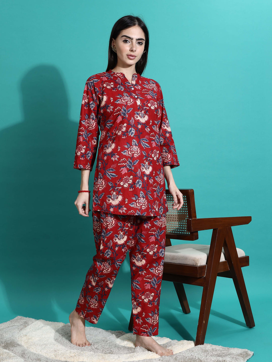 Ruby Red Printed Cotton Pyjama Set for Women