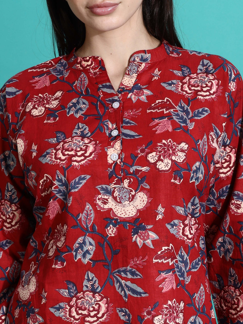 Ruby Red Printed Cotton Pyjama Set for Women