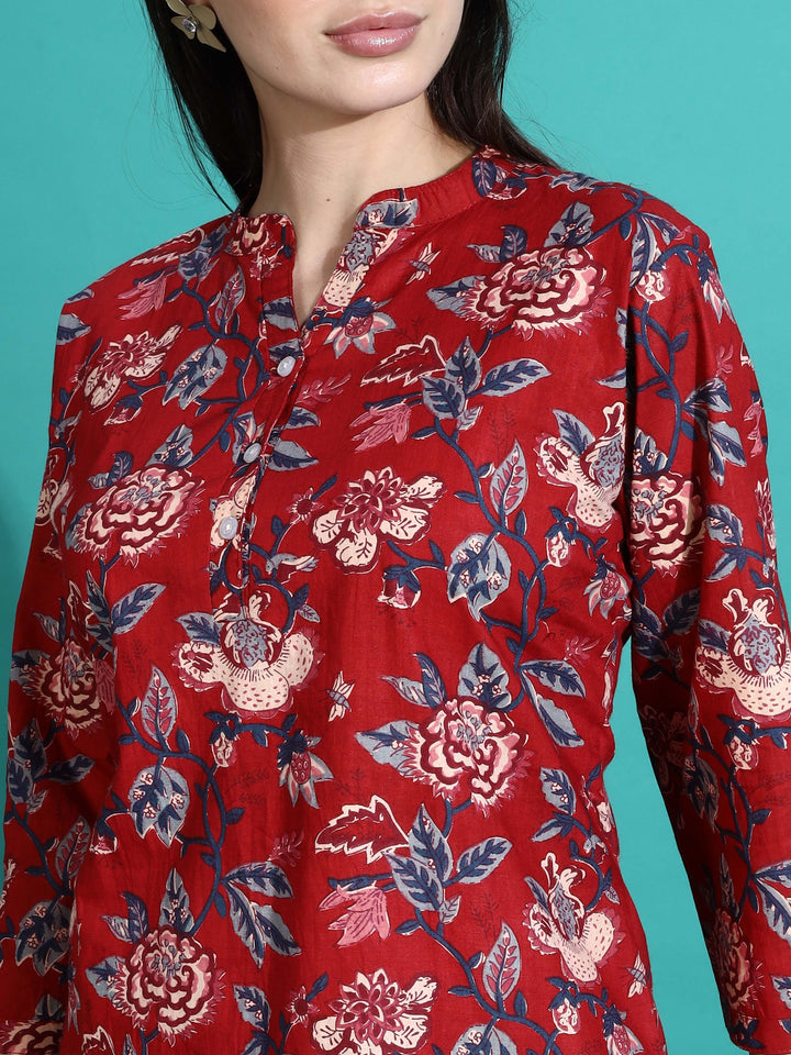 Ruby Red Printed Cotton Pyjama Set for Women