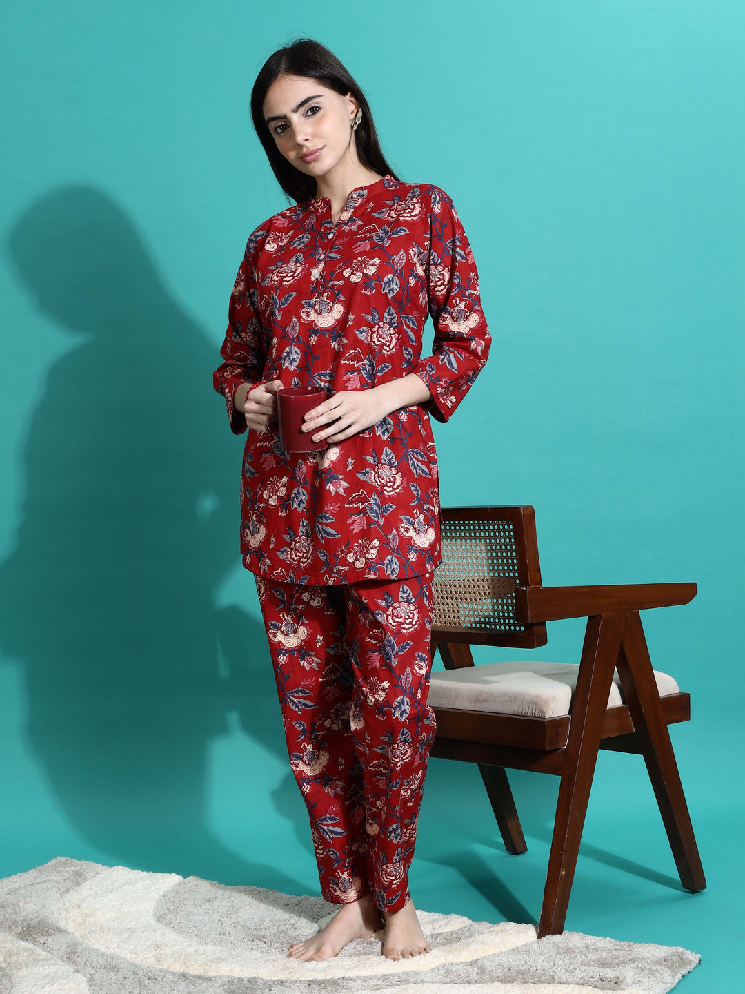 Ruby Red Printed Cotton Pyjama Set for Women