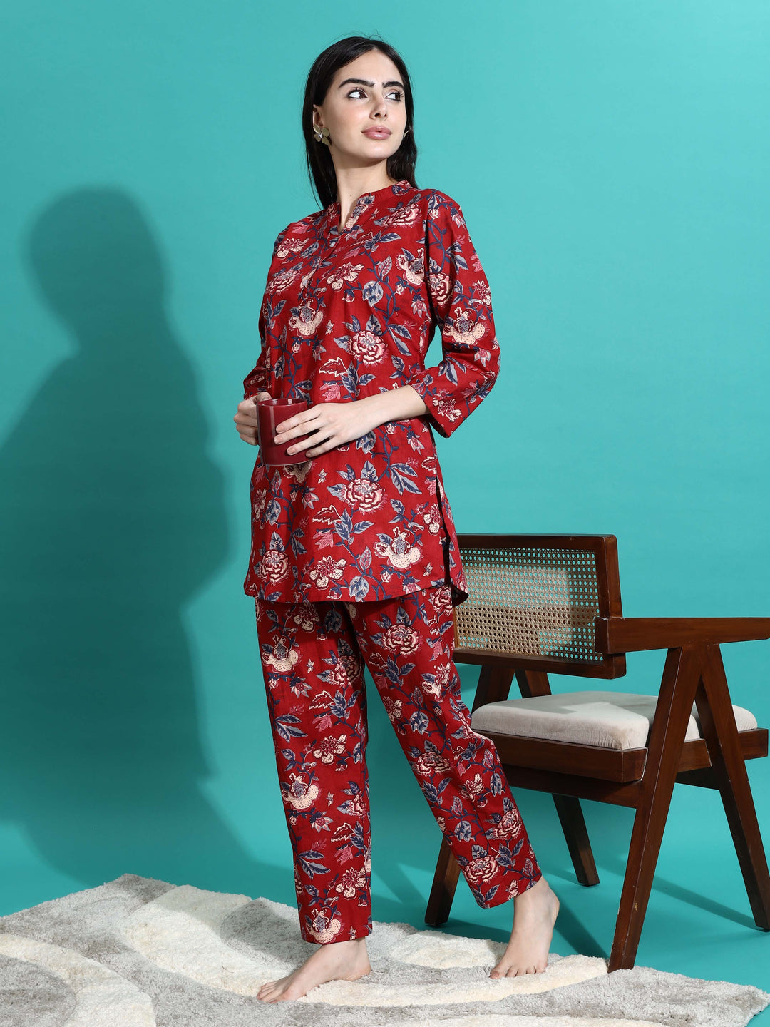 Ruby Red Printed Cotton Pyjama Set for Women