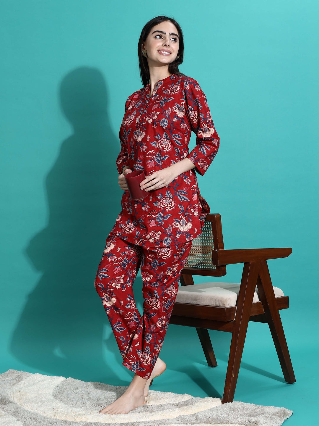 Ruby Red Printed Cotton Pyjama Set for Women