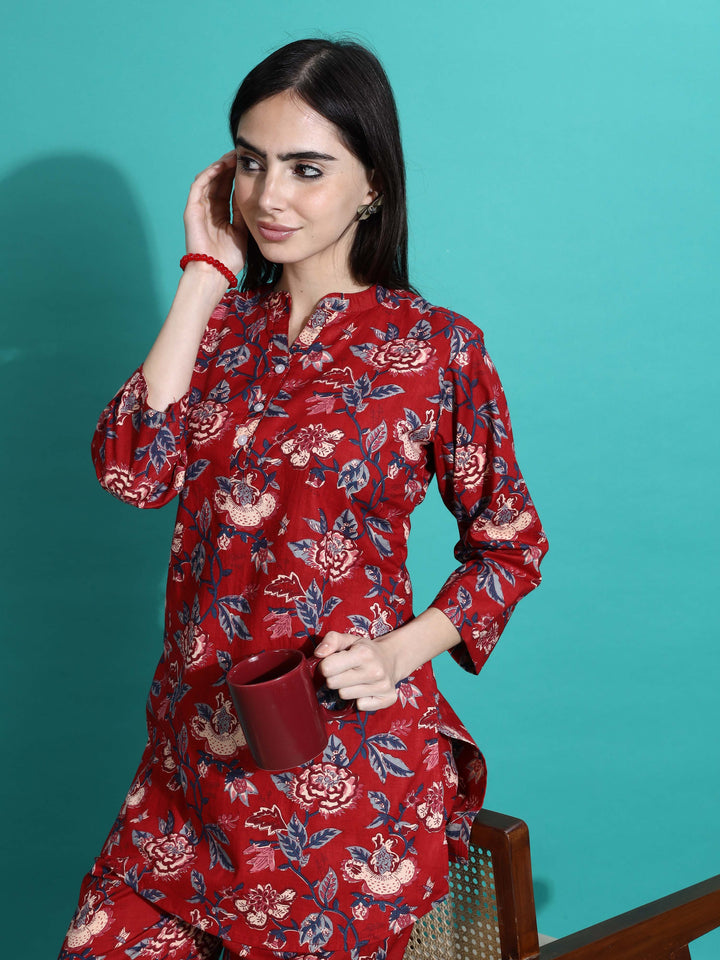 Ruby Red Printed Cotton Pyjama Set for Women