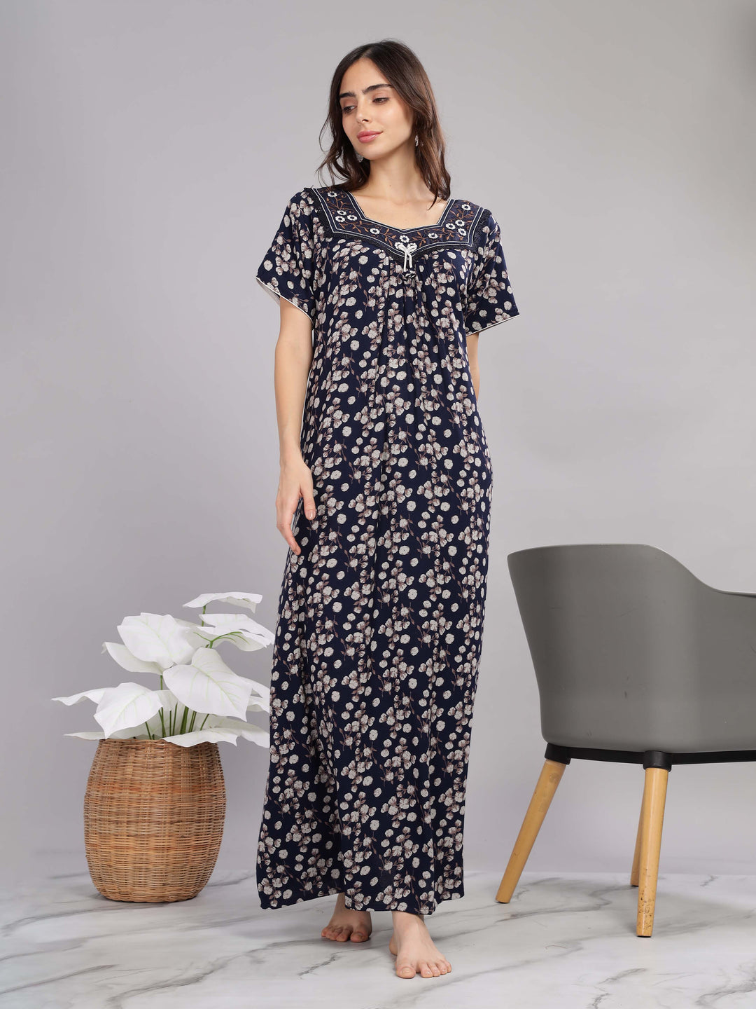 Chic Navy Blue Alpine Pleated Designer Nighty for Women 