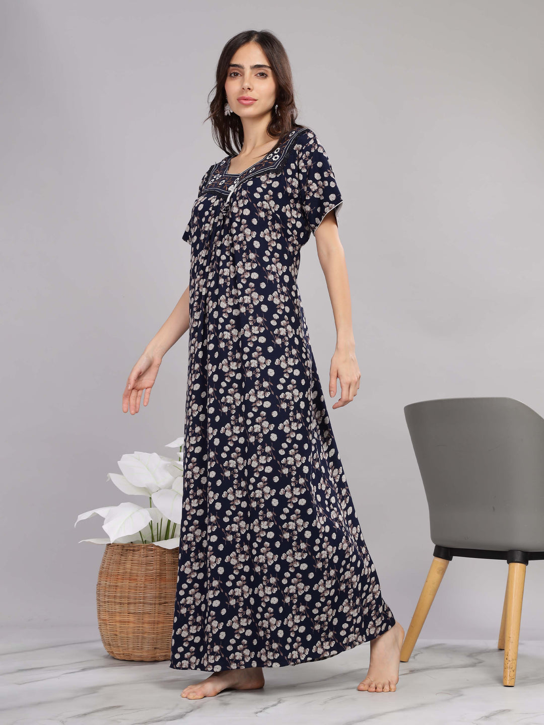 Chic Navy Blue Alpine Pleated Designer Nighty for Women 