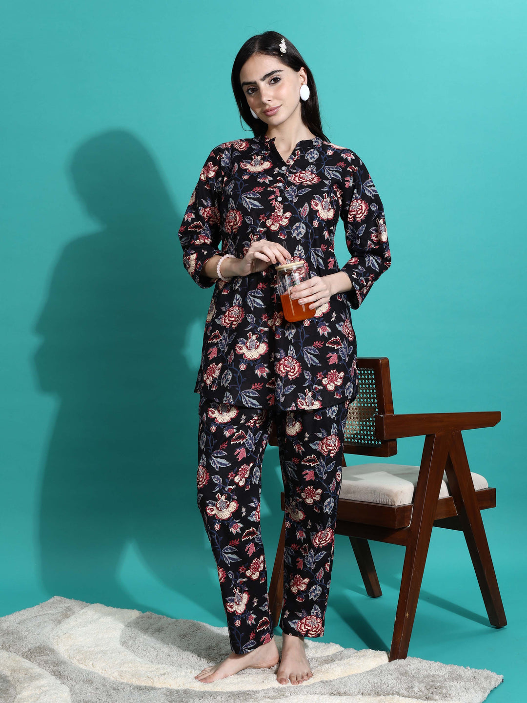 Chic Midnight Black Printed Cotton Pyjama Set for Women