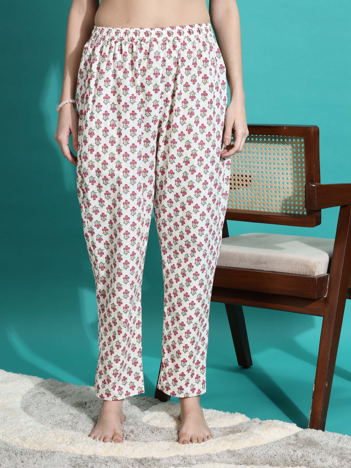 Soft White Red Cotton Pyjama Set for Women