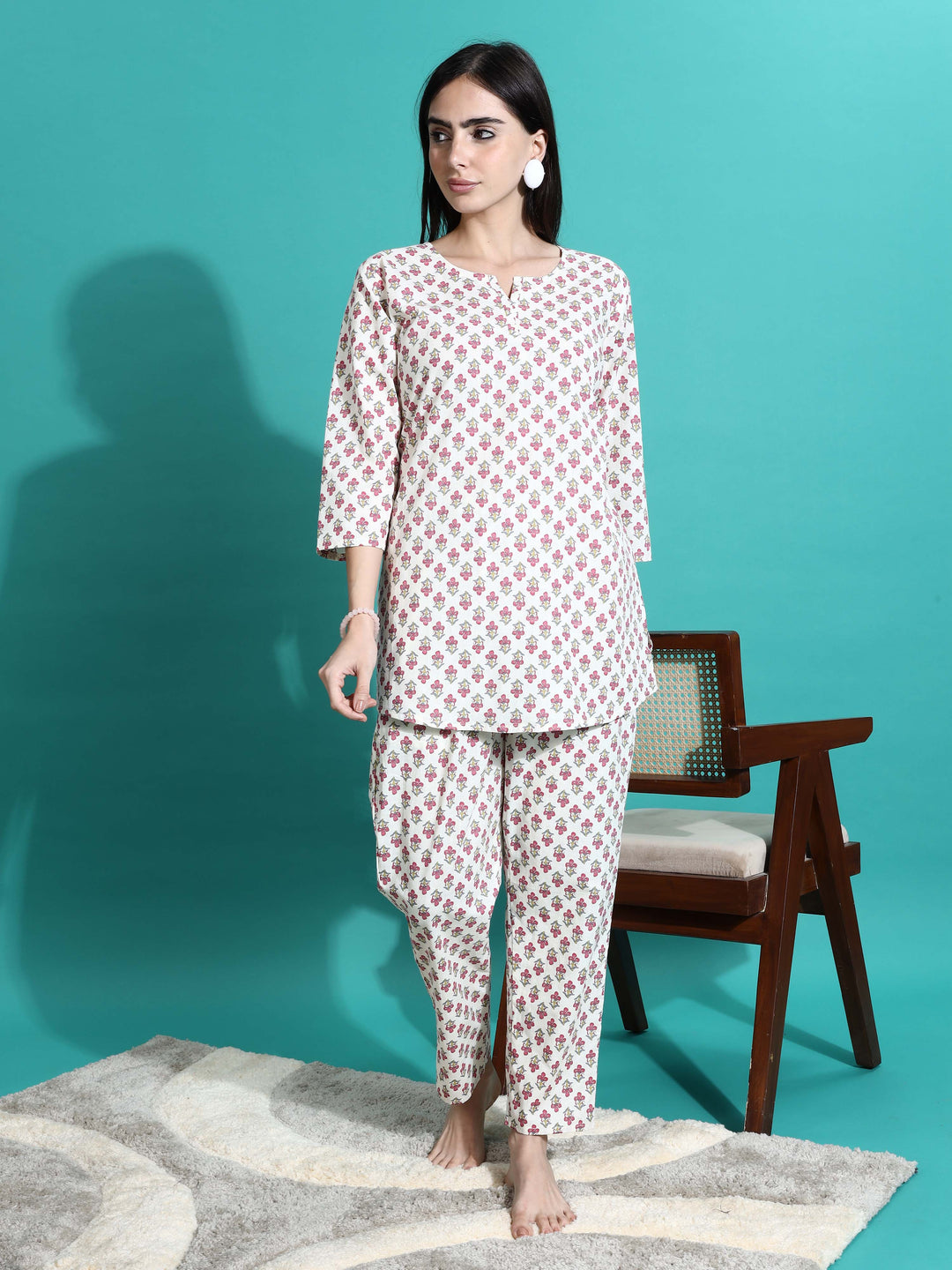 Soft White Red Cotton Pyjama Set for Women