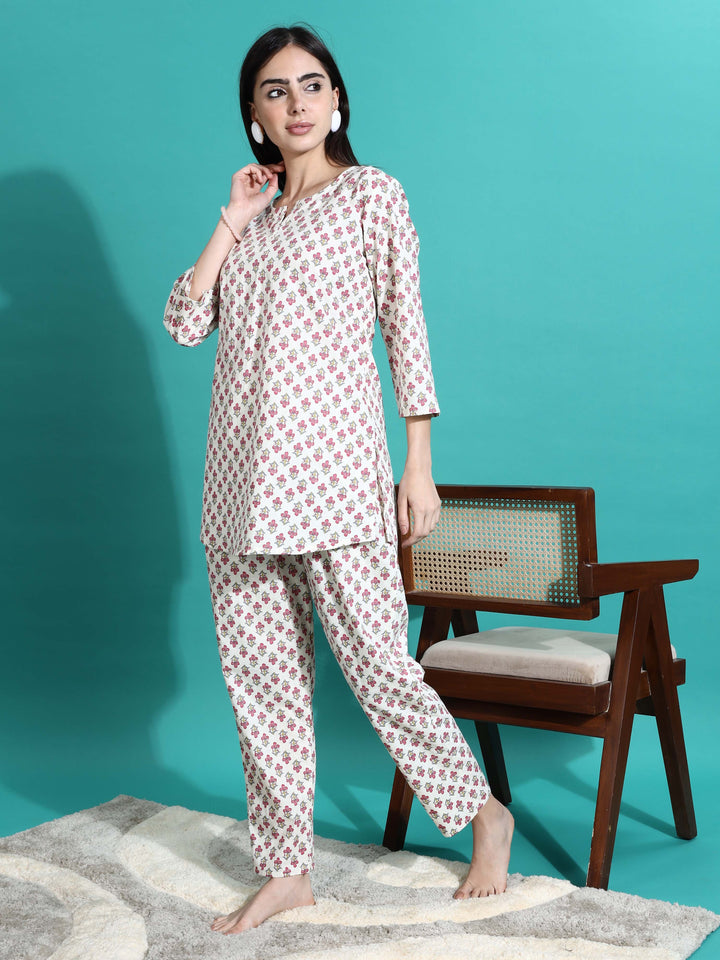 Soft White Red Cotton Pyjama Set for Women