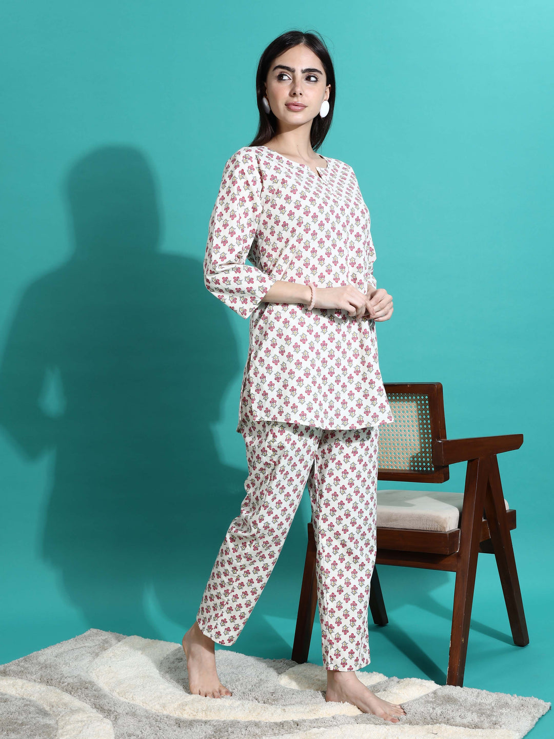 Soft White Red Cotton Pyjama Set for Women