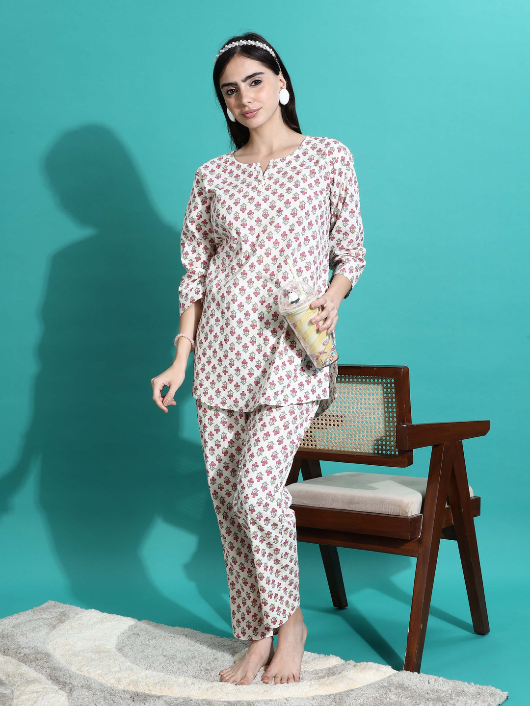 Soft White Red Cotton Pyjama Set for Women