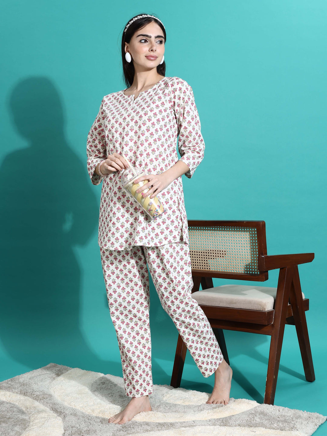 Soft White Red Cotton Pyjama Set for Women