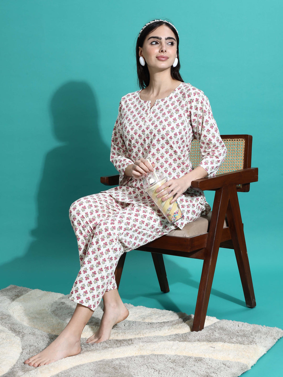 Soft White Red Cotton Pyjama Set for Women