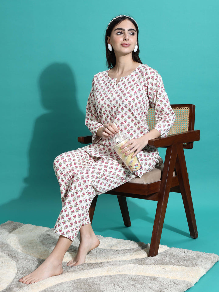 Soft White Red Cotton Pyjama Set for Women