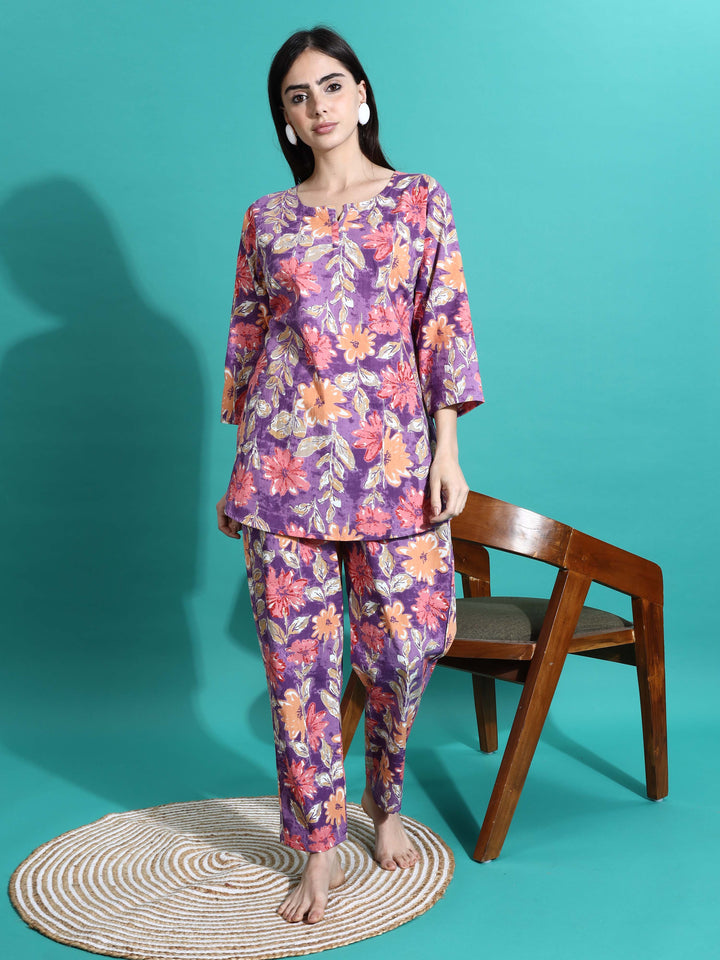 Soft Purple Orange Cotton Pajama Set for Women