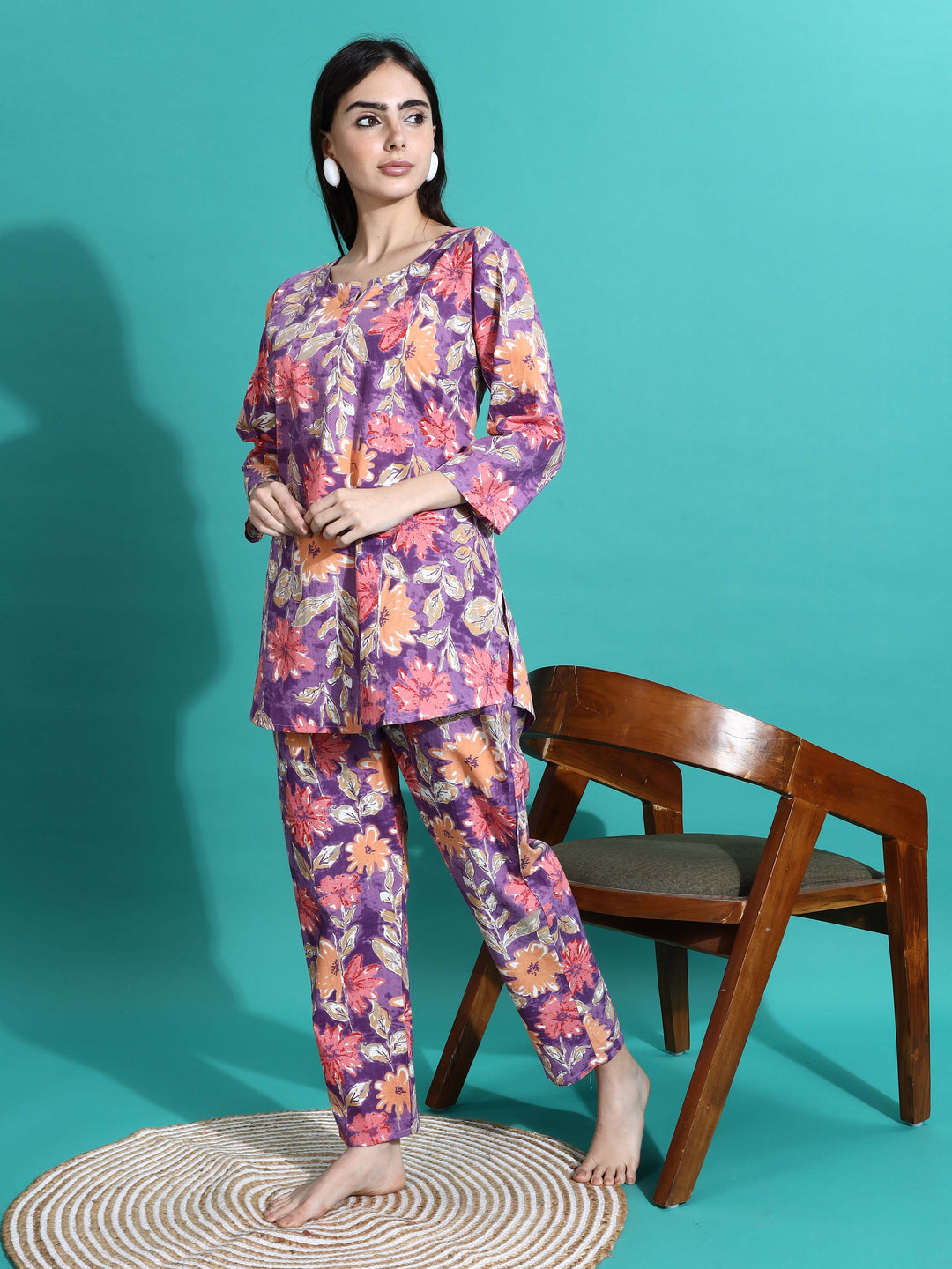 Soft Purple Orange Cotton Pajama Set for Women