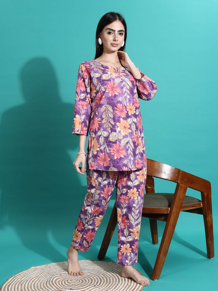 Soft Purple Orange Cotton Pajama Set for Women