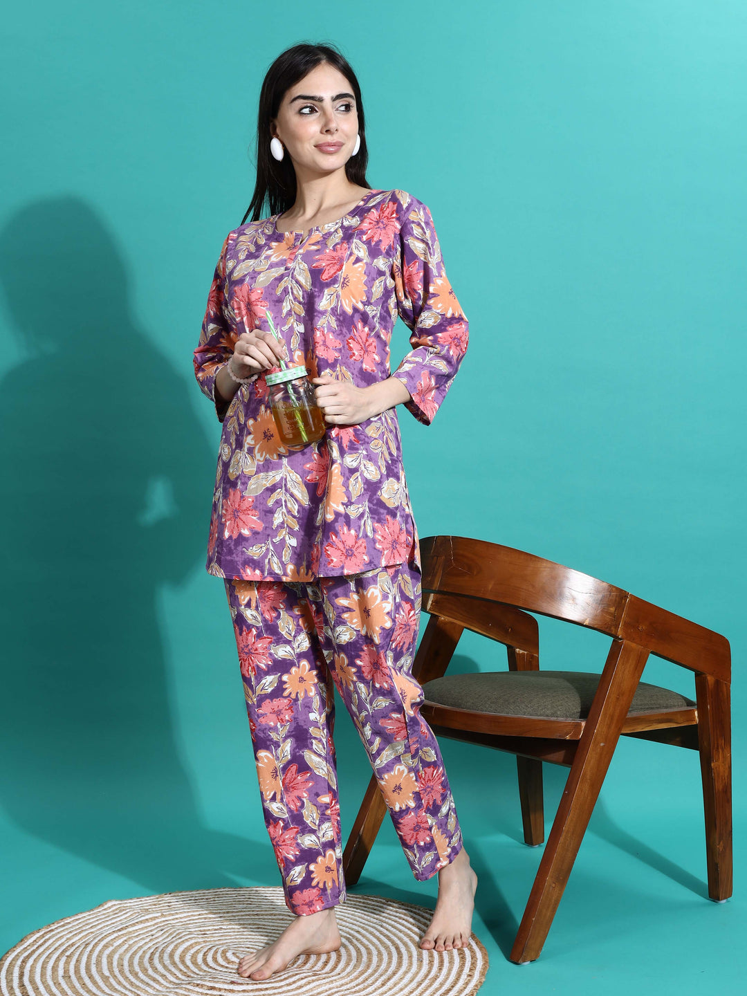 Soft Purple Orange Cotton Pajama Set for Women