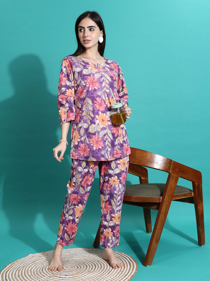 Soft Purple Orange Cotton Pajama Set for Women