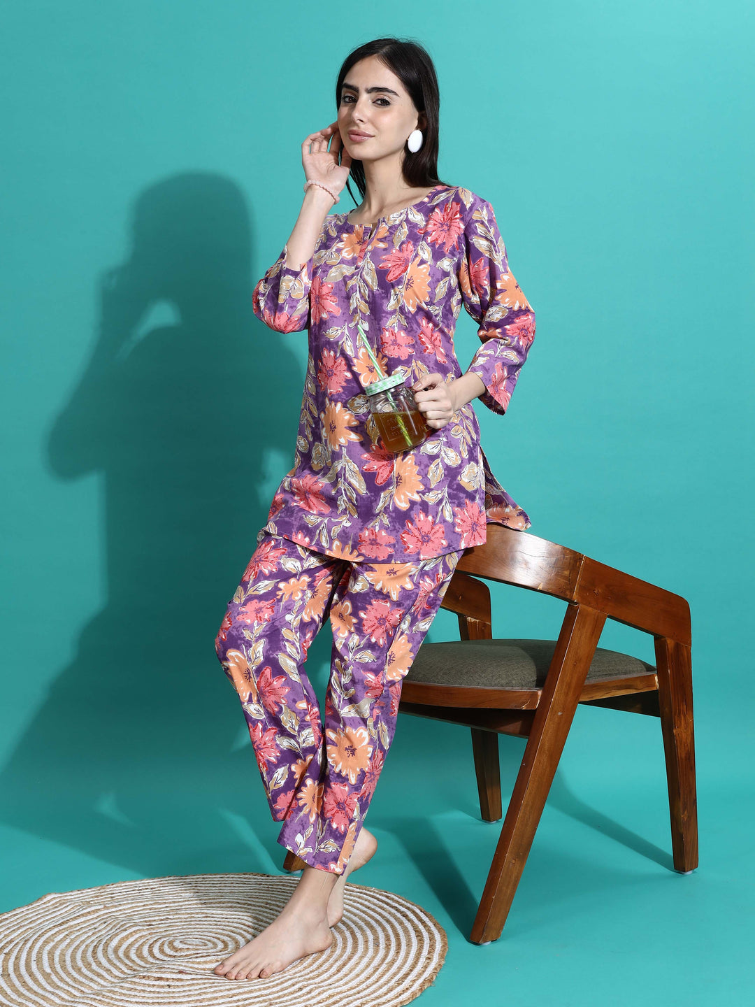 Soft Purple Orange Cotton Pajama Set for Women