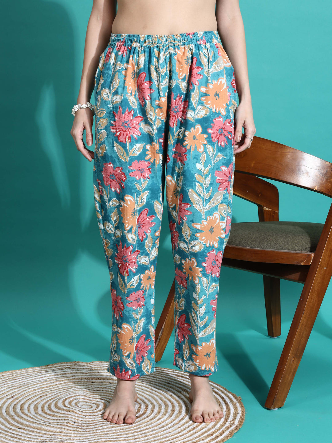 Stylish Teal Blue Printed Cotton Pajama Set for Women