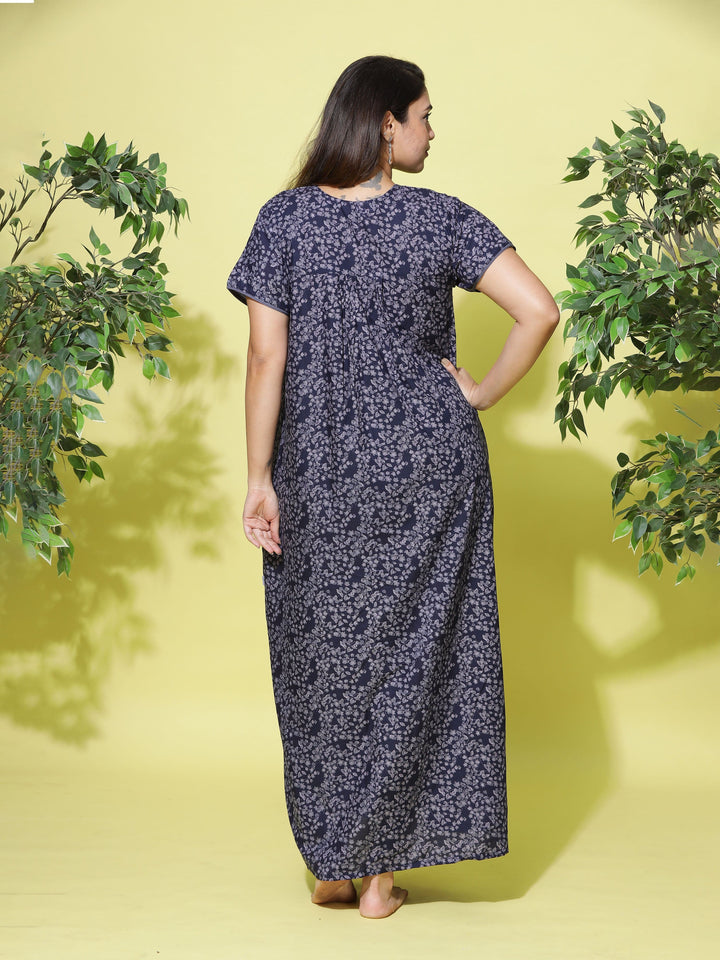 Classic Navy Blue Poly Viscose Designer Nighty For Women