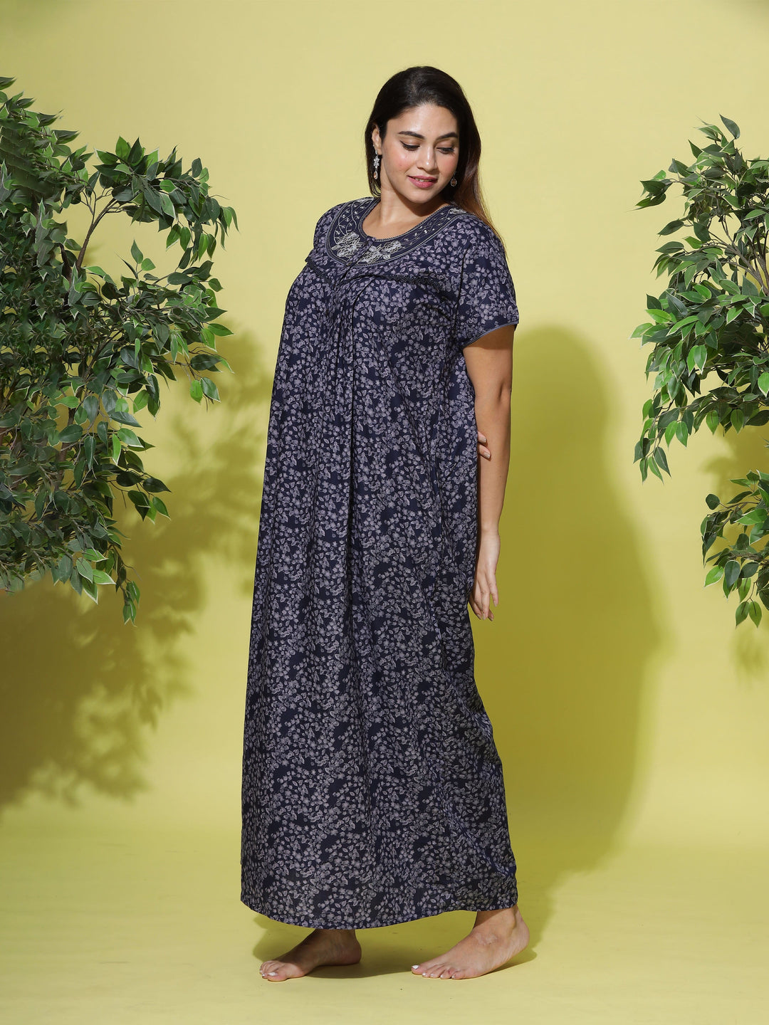 Classic Navy Blue Poly Viscose Designer Nighty For Women