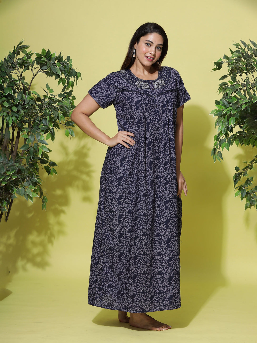 Classic Navy Blue Poly Viscose Designer Nighty For Women