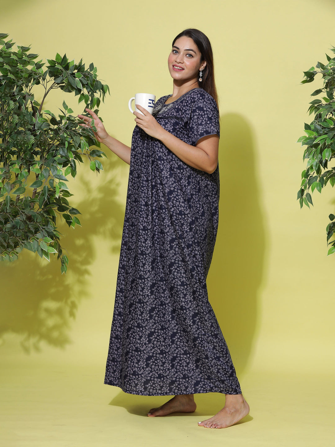 Classic Navy Blue Poly Viscose Designer Nighty For Women