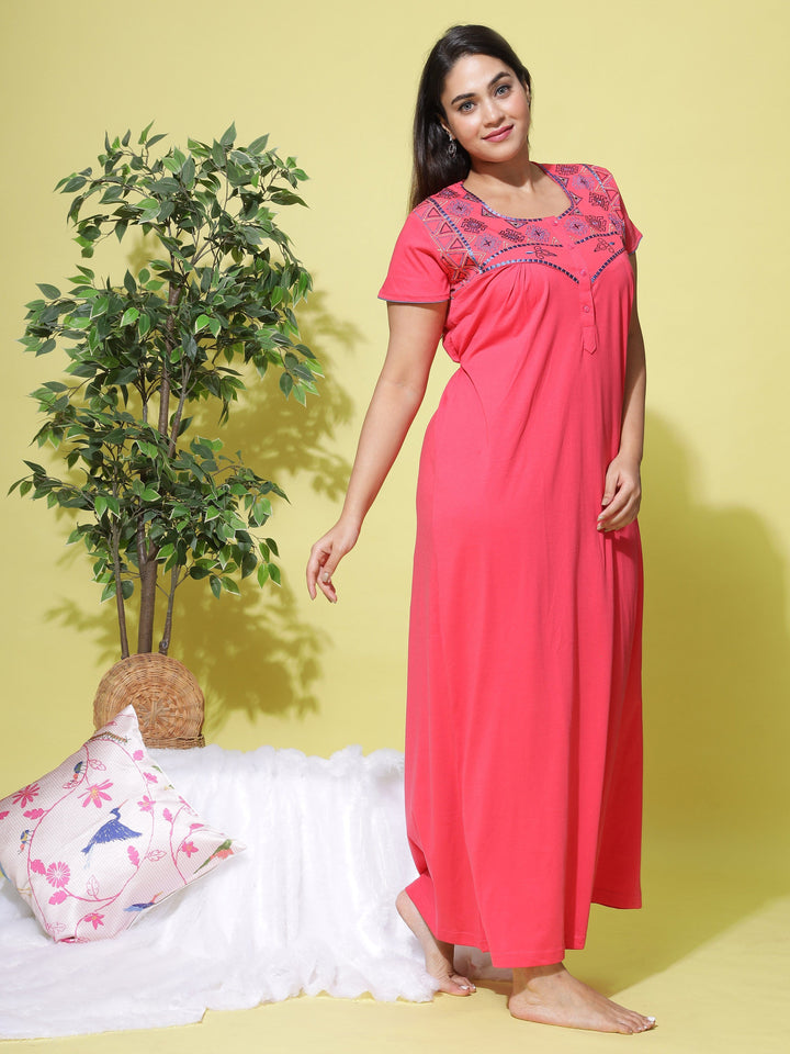 Red Premium Hosiery Cotton Long Designer Nighty