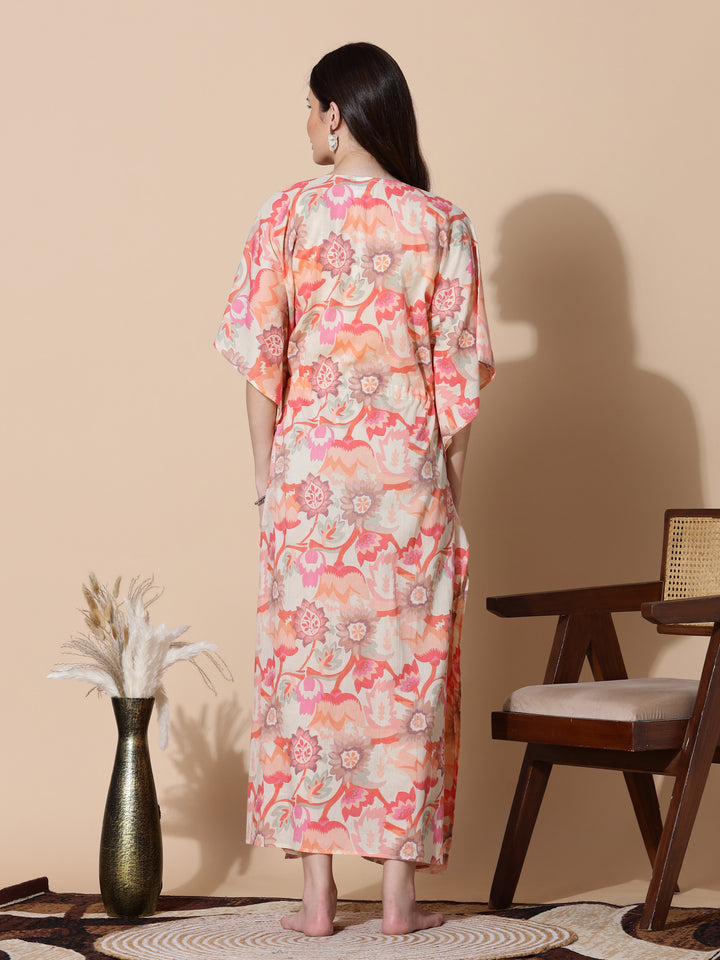 Coral Peach Cotton Kaftan Nighty for Women with Embroidery