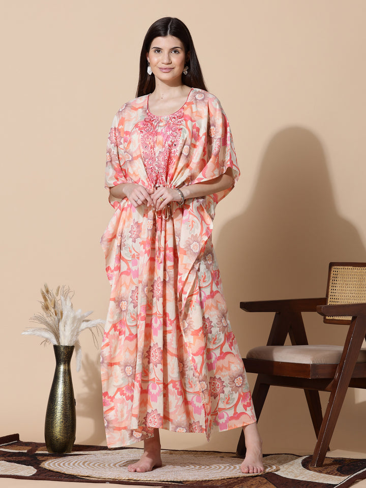 Coral Peach Cotton Kaftan Nighty for Women with Embroidery