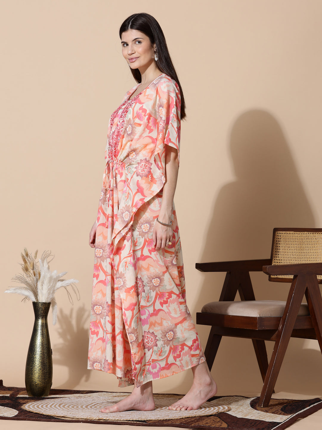 Coral Peach Cotton Kaftan Nighty for Women with Embroidery
