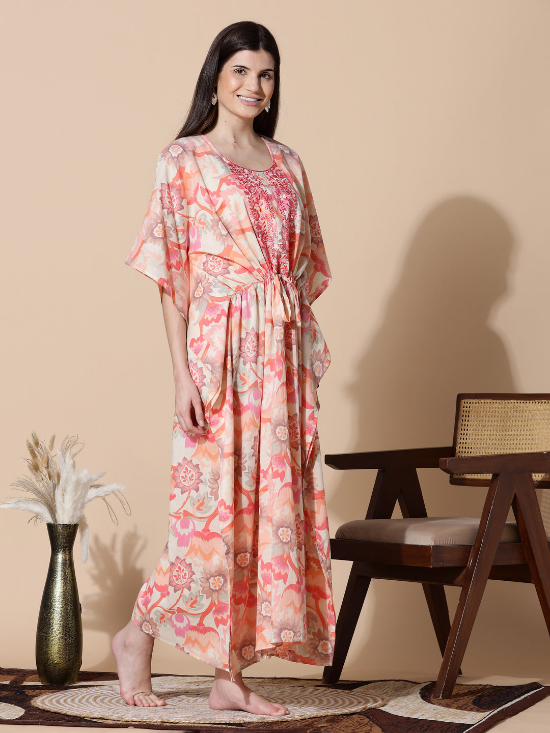 Coral Peach Cotton Kaftan Nighty for Women with Embroidery