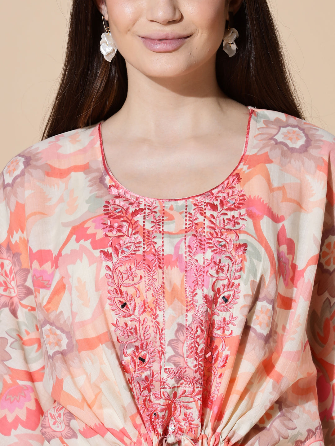 Coral Peach Cotton Kaftan Nighty for Women with Embroidery