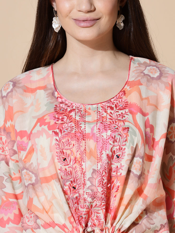 Coral Peach Cotton Kaftan Nighty for Women with Embroidery