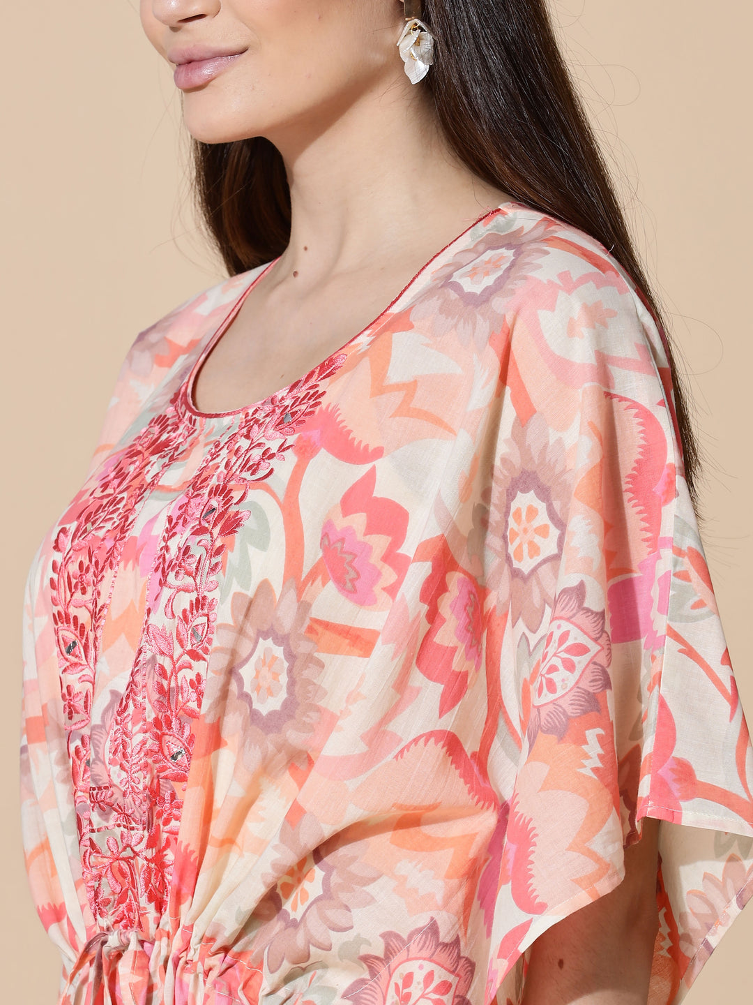 Coral Peach Cotton Kaftan Nighty for Women with Embroidery