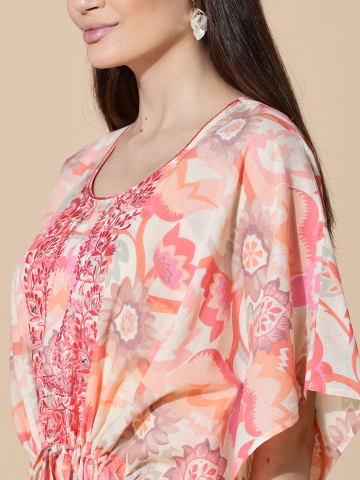 Coral Peach Cotton Kaftan Nighty for Women with Embroidery